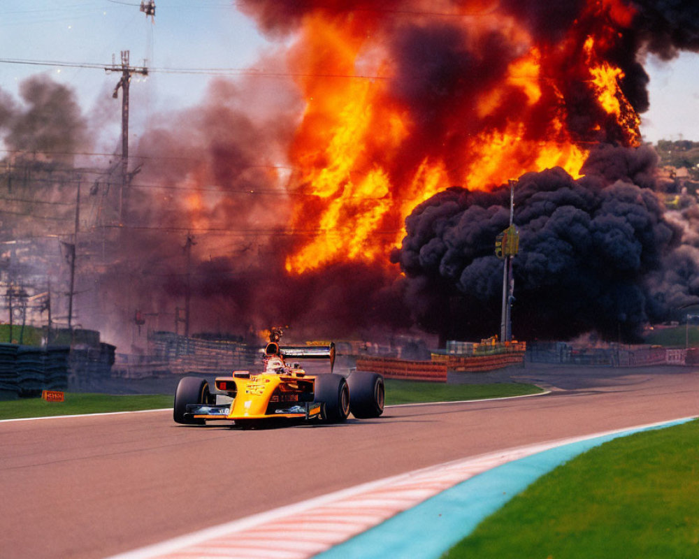 Race car speeding on track with massive fire and black smoke.