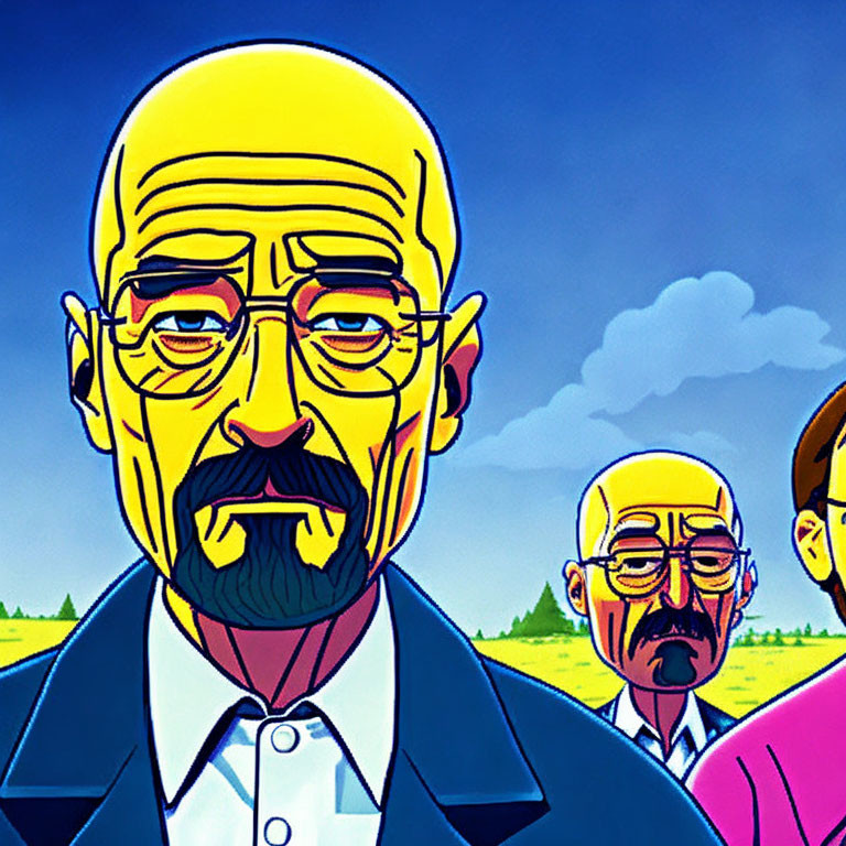 Stylized cartoon of two men with exaggerated features and one wearing glasses.