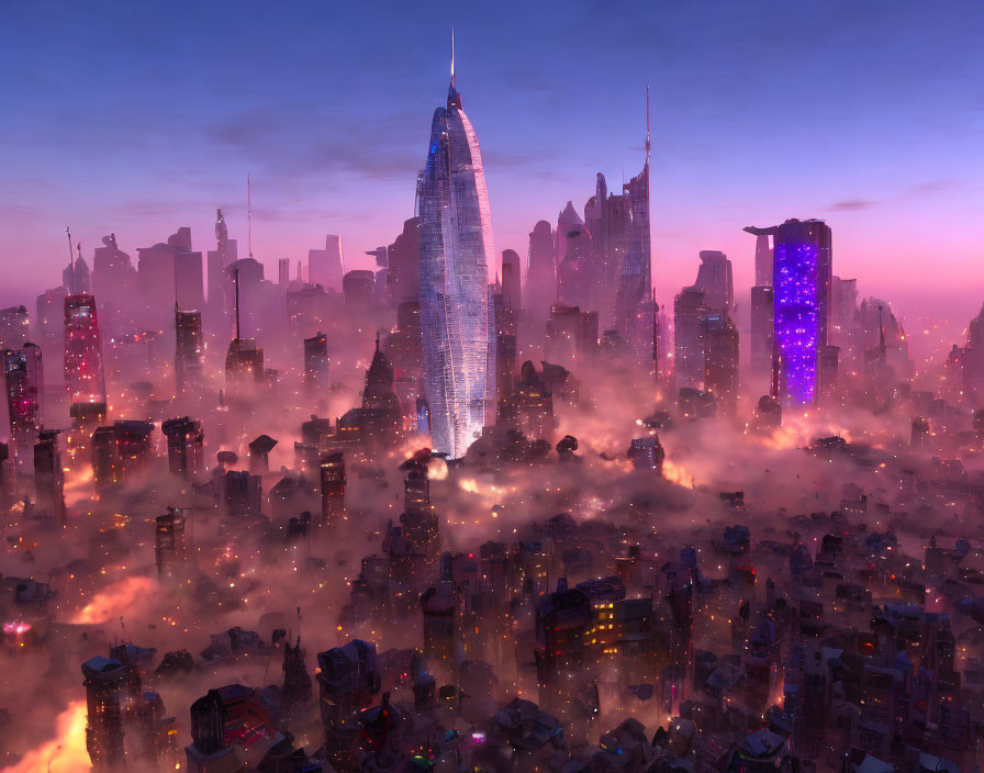 Futuristic cityscape with towering skyscrapers in glowing fog