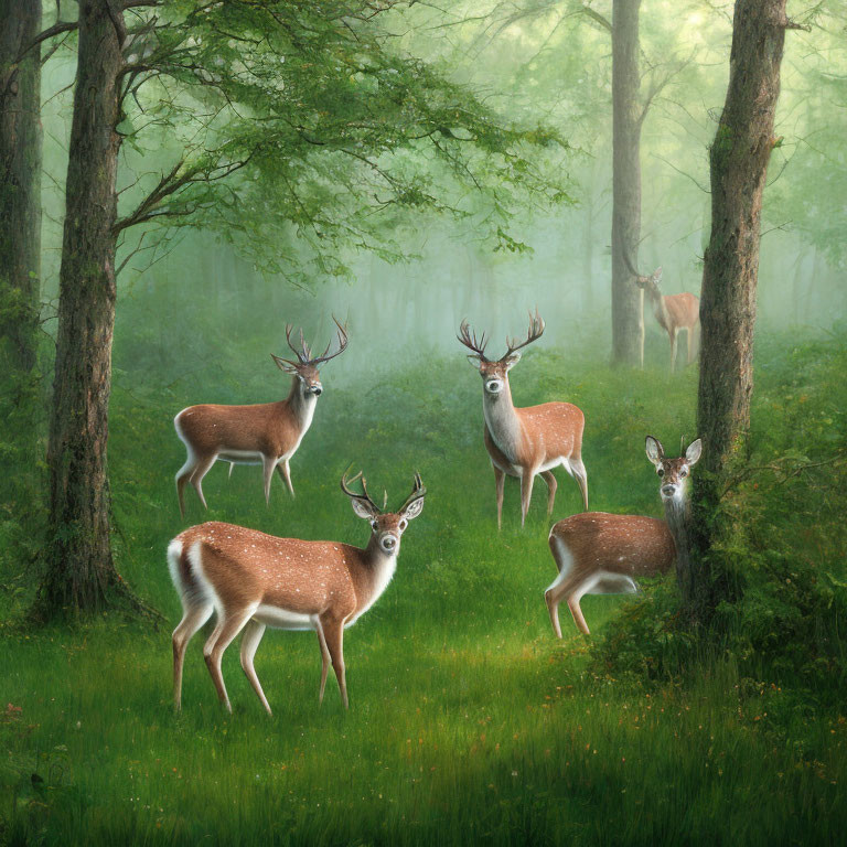 Four deer in misty forest with lush green surroundings