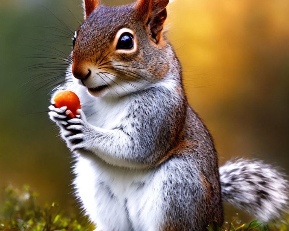 Squirrel holding nut on grass with autumn background
