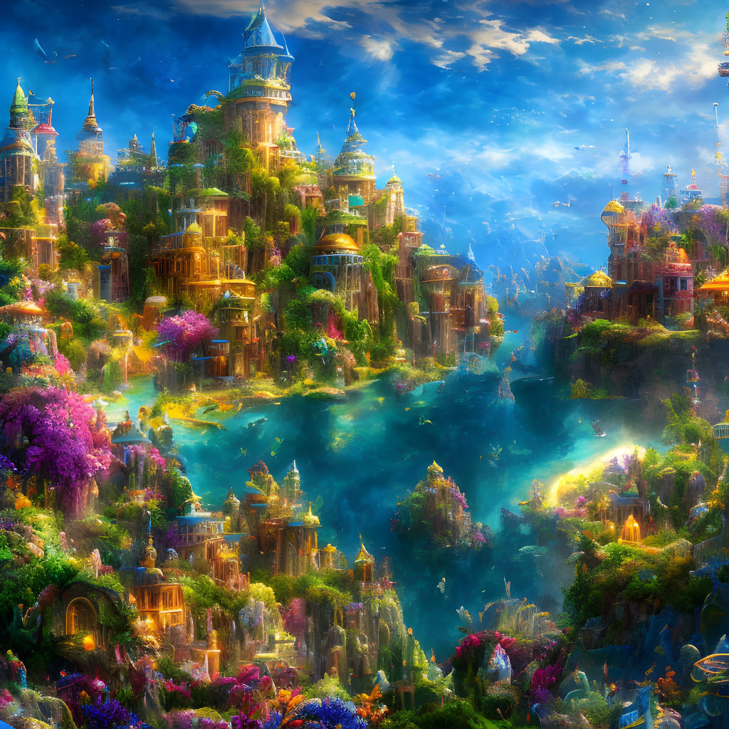 Fantastical cityscape with luminous buildings, waterfalls, and floating islands