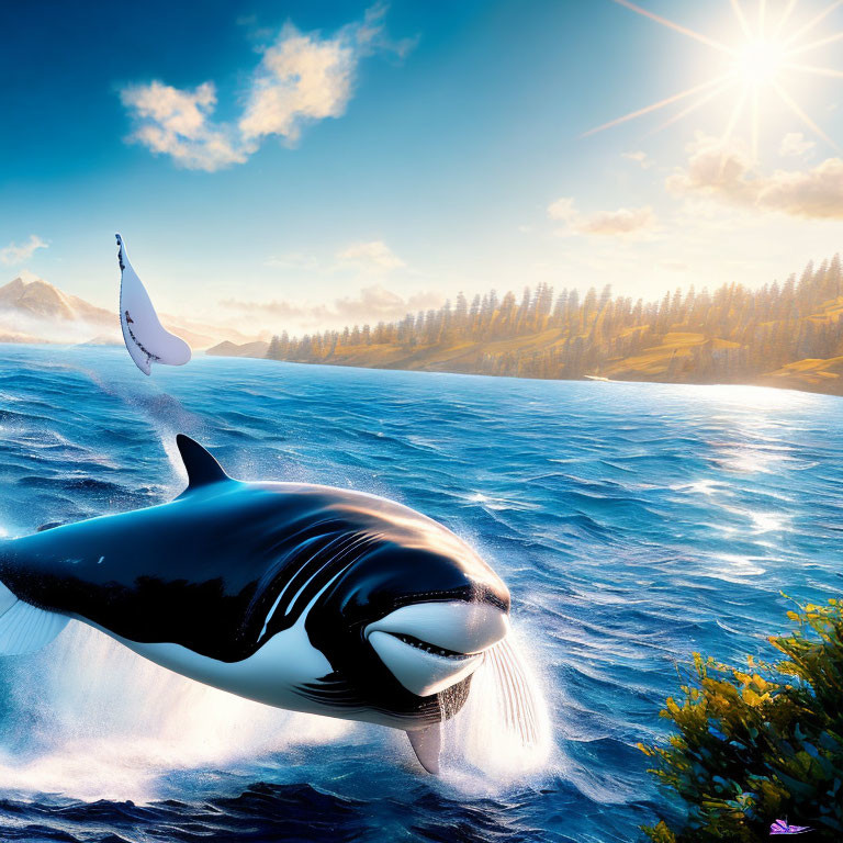 Surreal digital artwork of orca whale leaping into clear sky