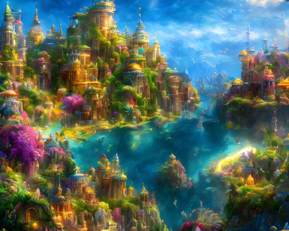 Fantastical cityscape with luminous buildings, waterfalls, and floating islands