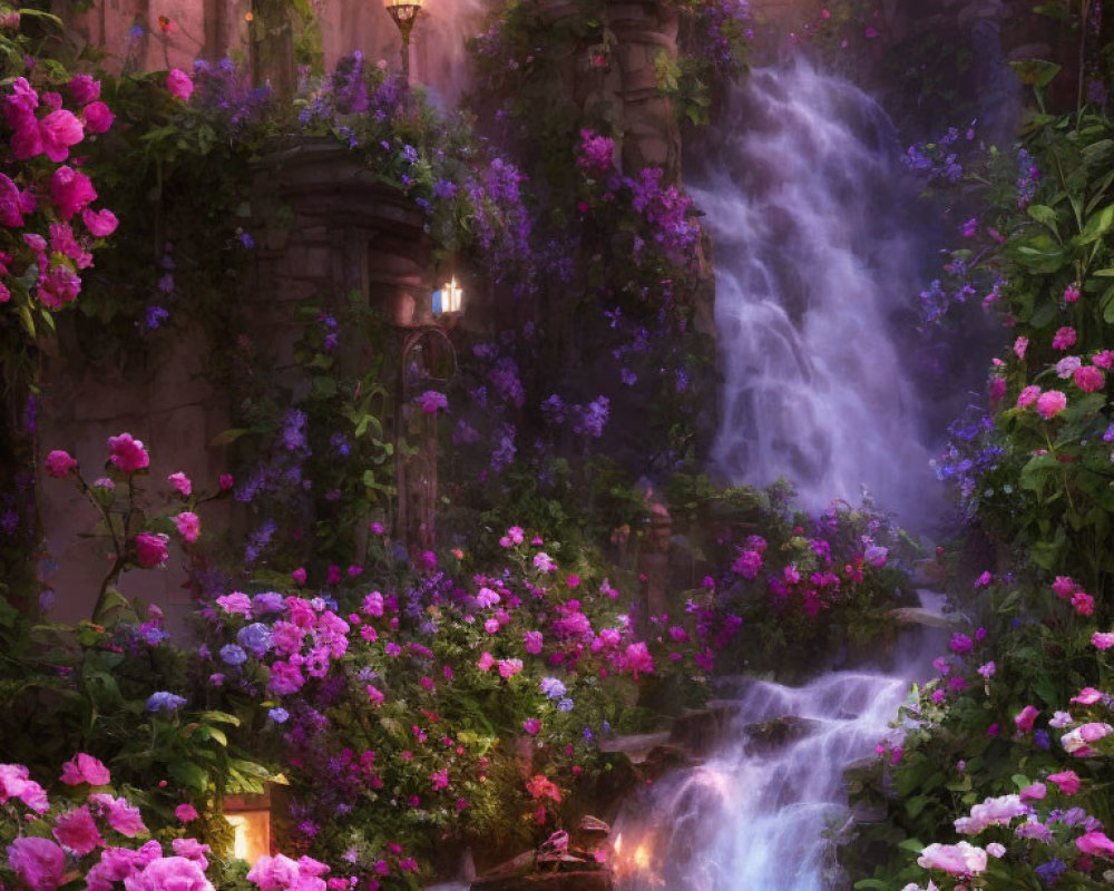 Lush garden with waterfall, purple flowers, lantern light & stone architecture