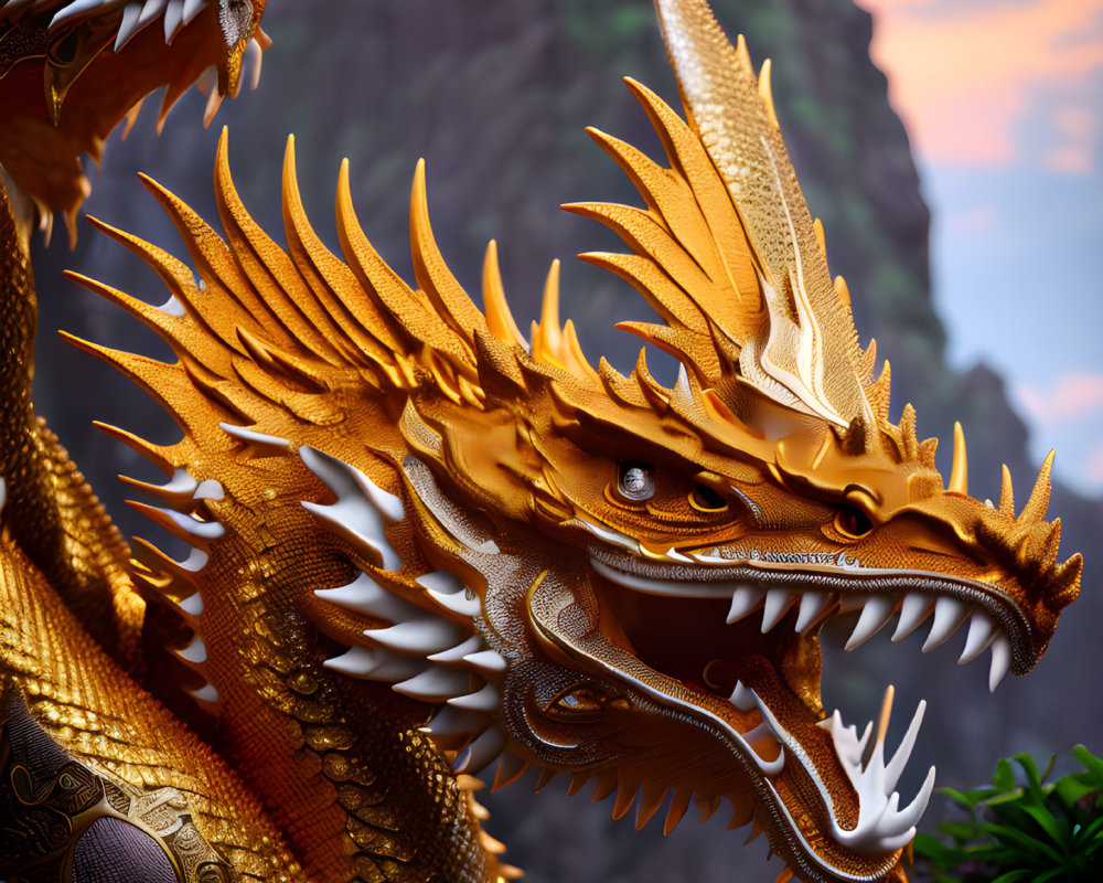 Golden multi-headed dragon with intricate scales and sharp horns in mountainous sunset scene