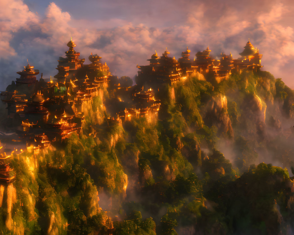Traditional Asian-style pagodas on misty mountains at sunset.