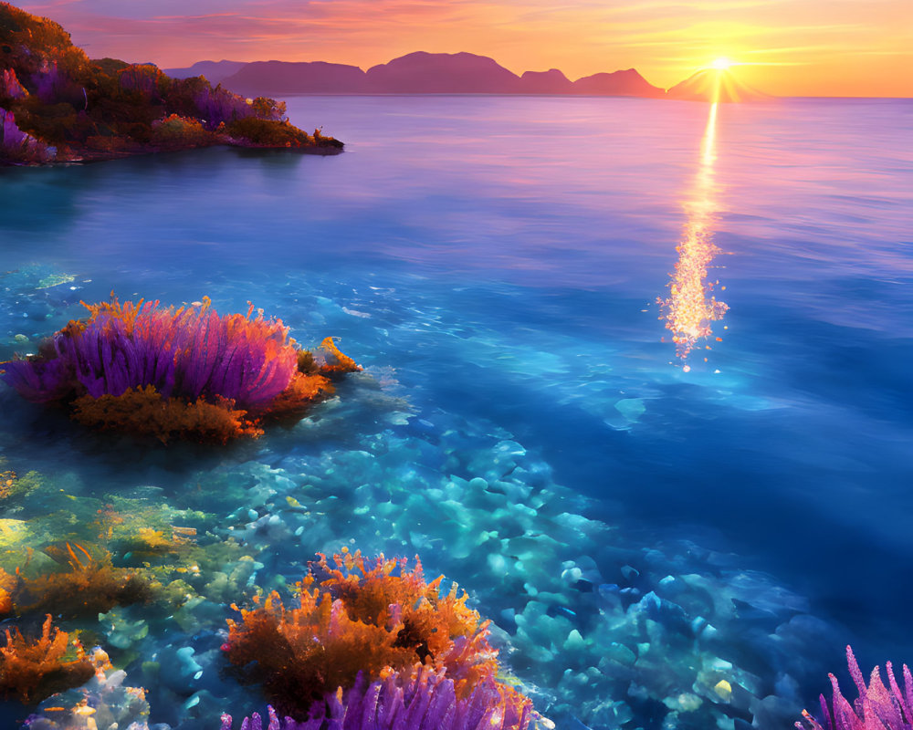 Colorful coral foreground in vibrant sunset seascape