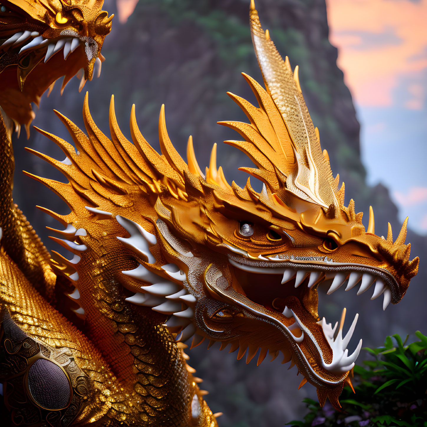 Golden multi-headed dragon with intricate scales and sharp horns in mountainous sunset scene