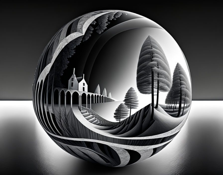 Monochrome spherical optical illusion of intricate leaf patterns and landscape scenery
