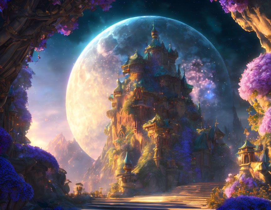 Majestic castle under giant moon in starlit sky