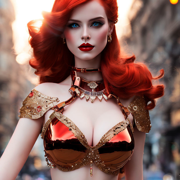 Digital artwork: Woman with red hair, blue eyes, gold outfit, urban backdrop