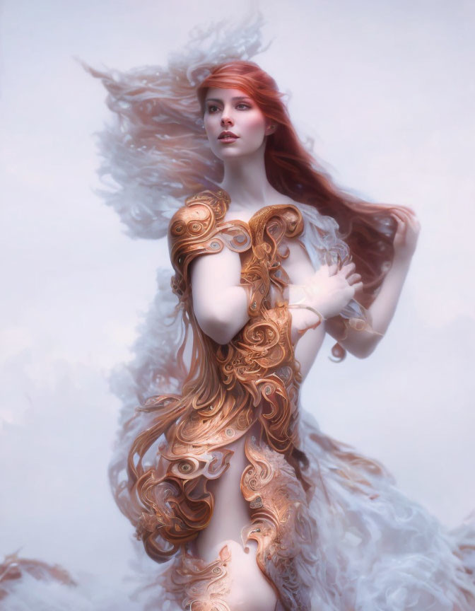 Red-haired woman in golden armor against misty backdrop