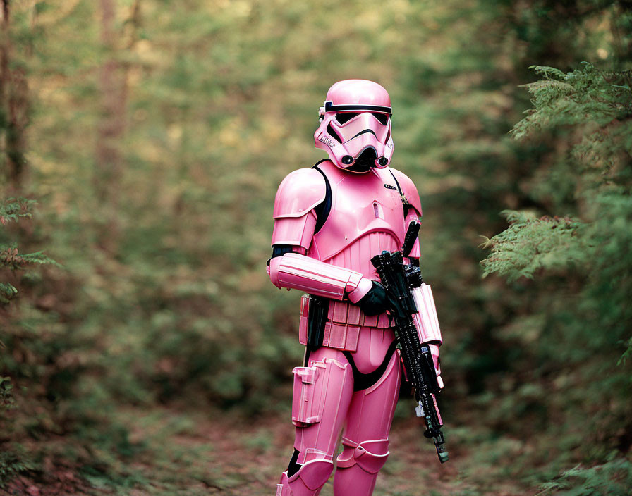 Pink Stormtrooper in Forest with Blaster - Green Foliage