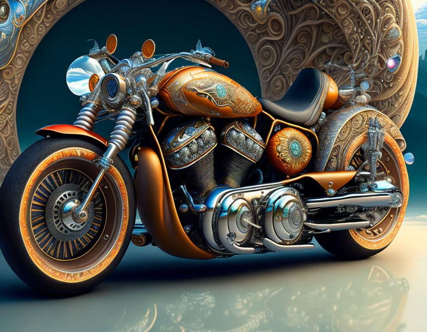 Ornate, Stylized Motorcycle with V-Twin Engine & Custom Details