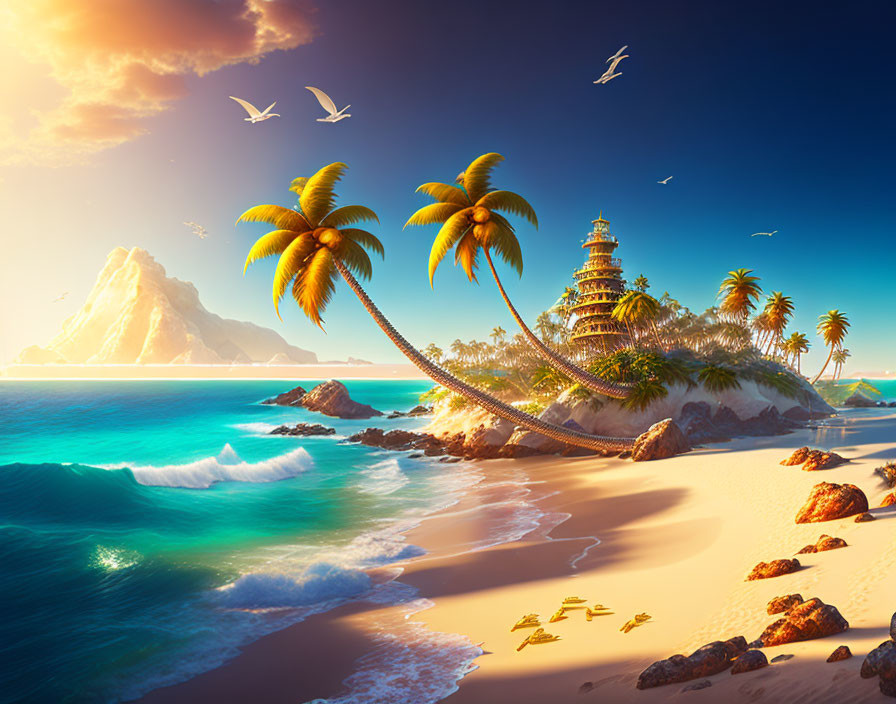 Tropical beach scene with palm trees, hammock, tower, birds, and sunset sky