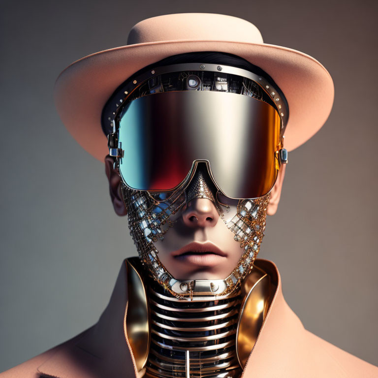 Stylish humanoid robot with mirrored sunglasses and mechanical parts