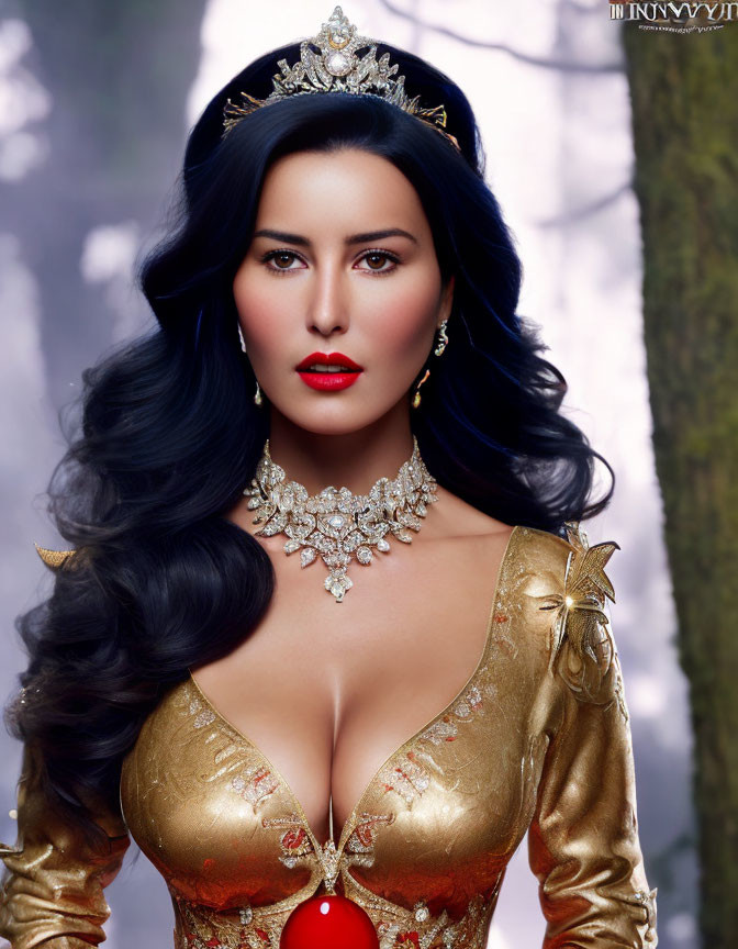 Dark-haired woman in golden gown, tiara, and necklace in mystical forest.