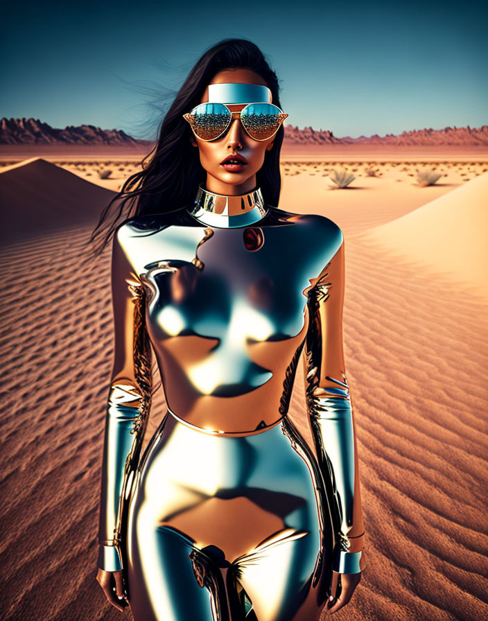 Futuristic woman in metallic bodysuit in desert landscape