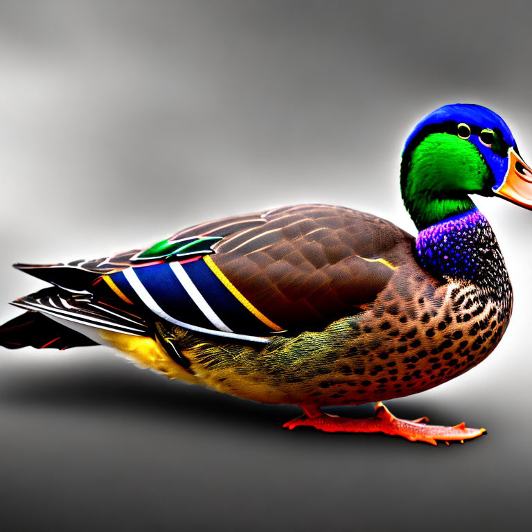 Colorful Male Mallard Duck with Green Head and Yellow Bill on Gray Background