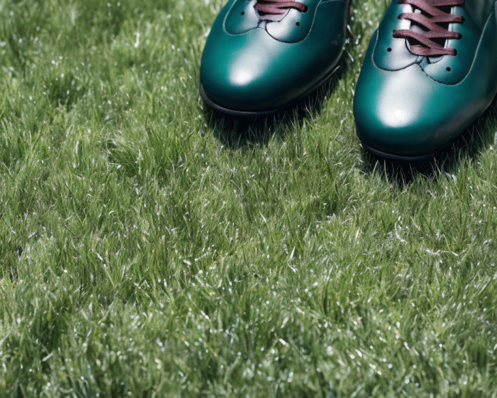Green Leather Shoes with Laces on Lush Grass