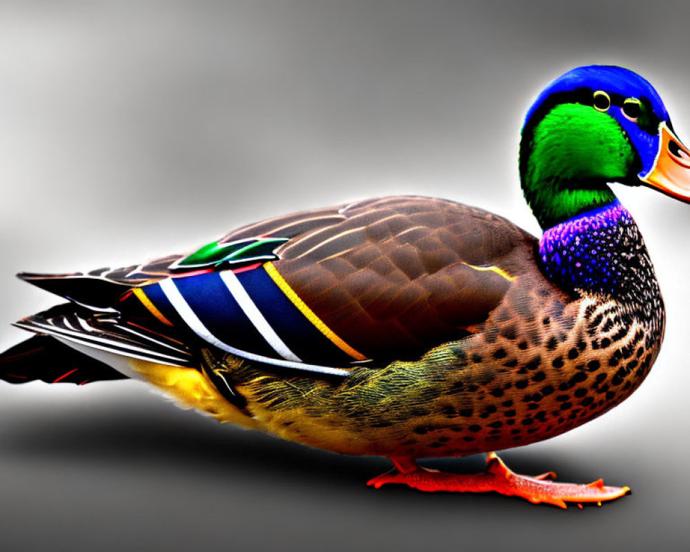 Colorful Male Mallard Duck with Green Head and Yellow Bill on Gray Background