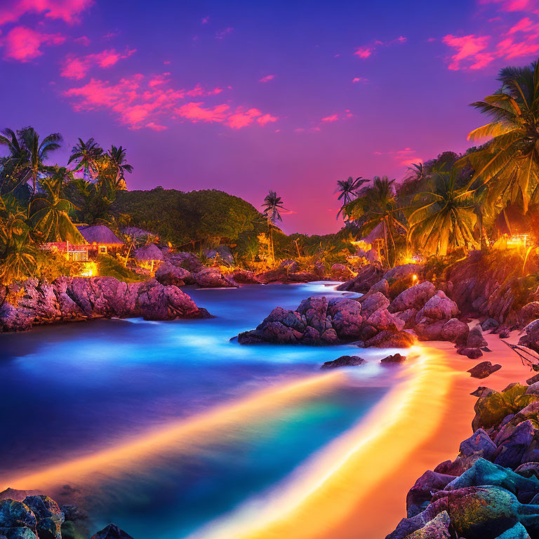 Tropical beach at dusk with vivid purple and pink skies reflecting on serene blue waters and palm trees.