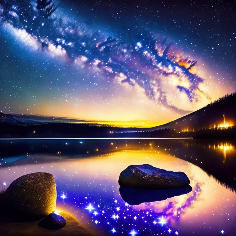 Starry night sky reflected in calm lake with boulder and forested hills
