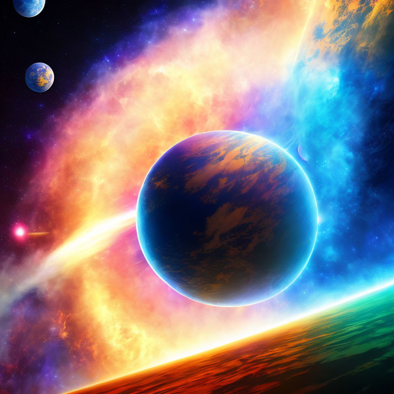 Prominent blue planet in vibrant cosmic scene surrounded by celestial bodies