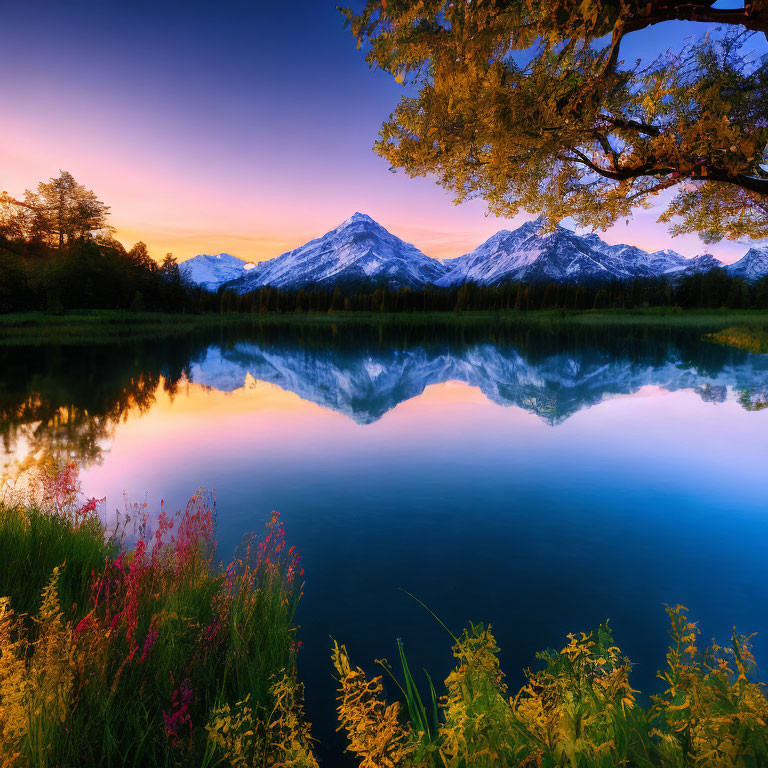 Tranquil sunset mountain landscape with lake reflections and wildflowers.