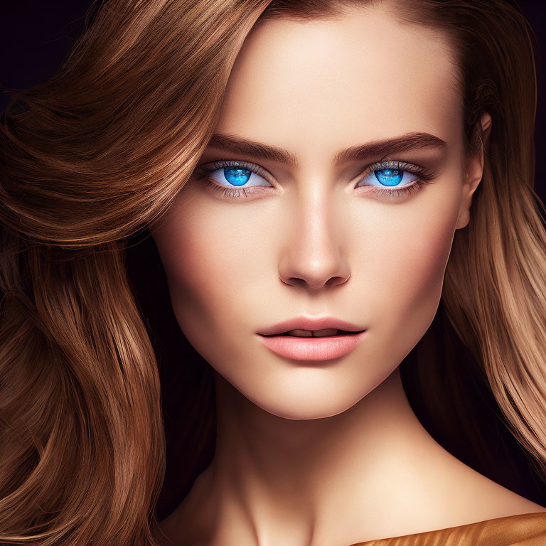 Close-up of woman with blue eyes, flawless skin, and wavy brown hair on dark background