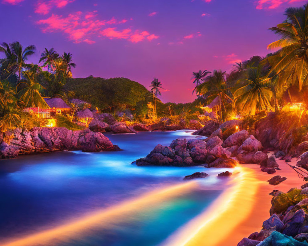 Tropical beach at dusk with vivid purple and pink skies reflecting on serene blue waters and palm trees.