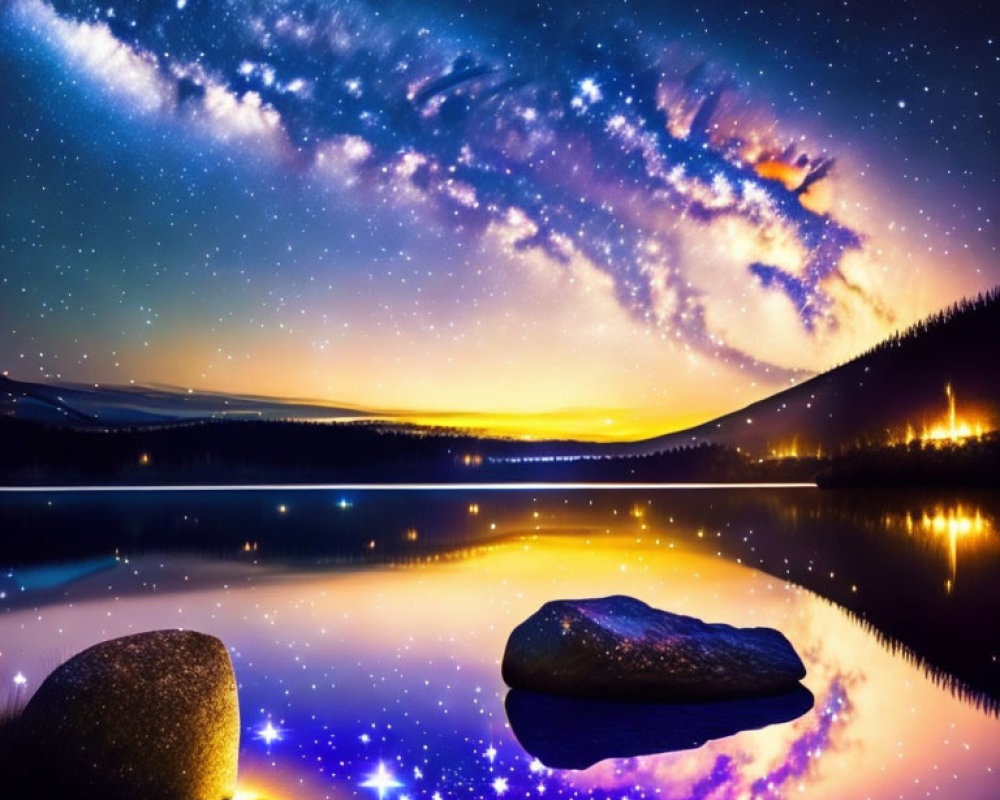 Starry night sky reflected in calm lake with boulder and forested hills