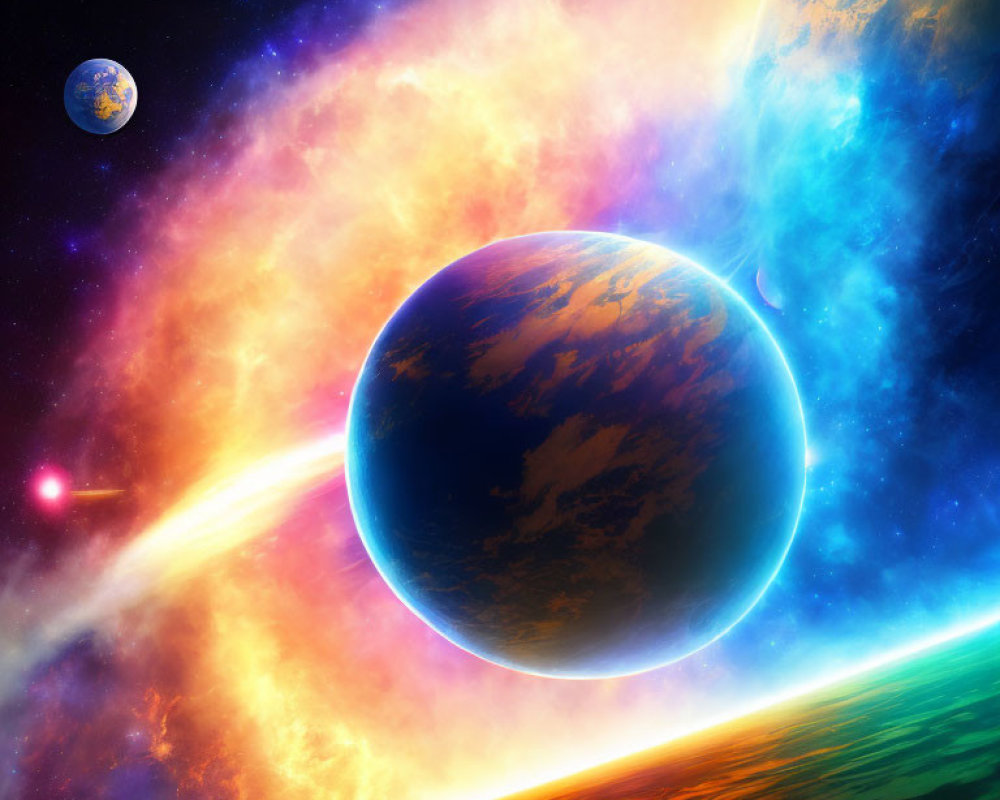 Prominent blue planet in vibrant cosmic scene surrounded by celestial bodies