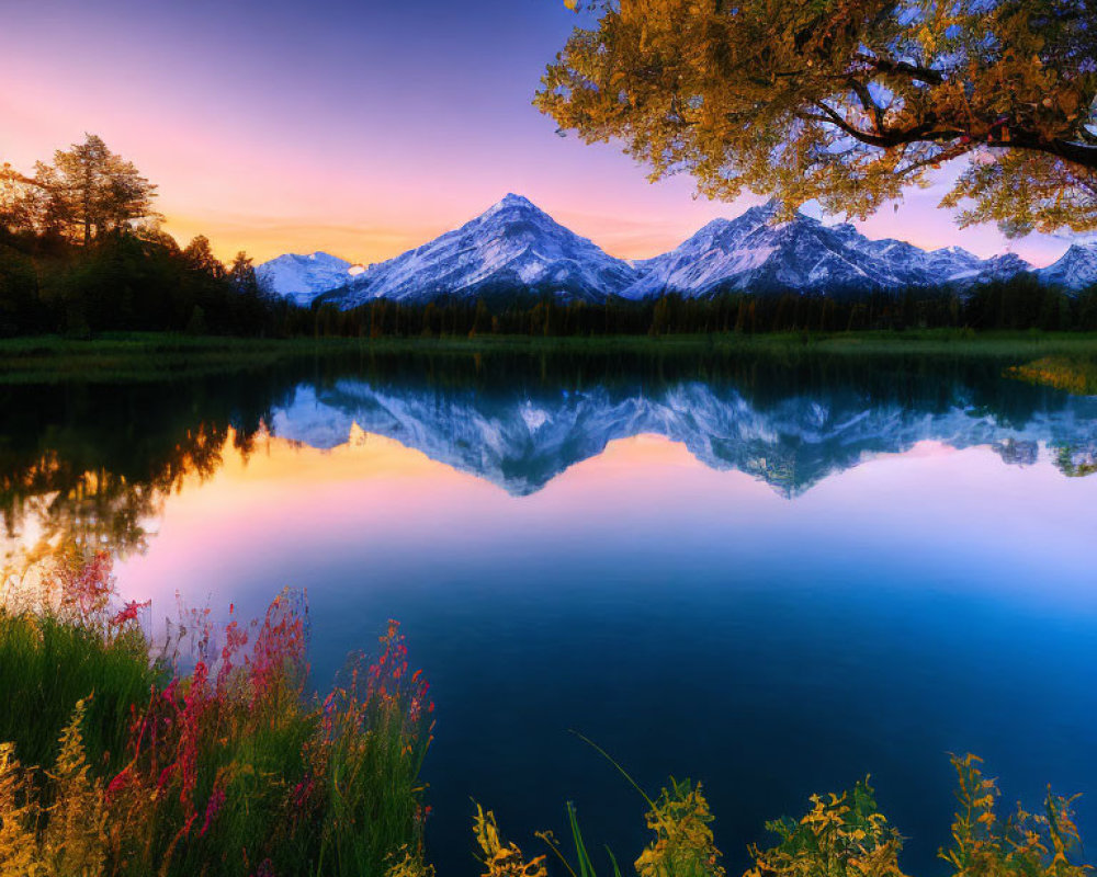 Tranquil sunset mountain landscape with lake reflections and wildflowers.