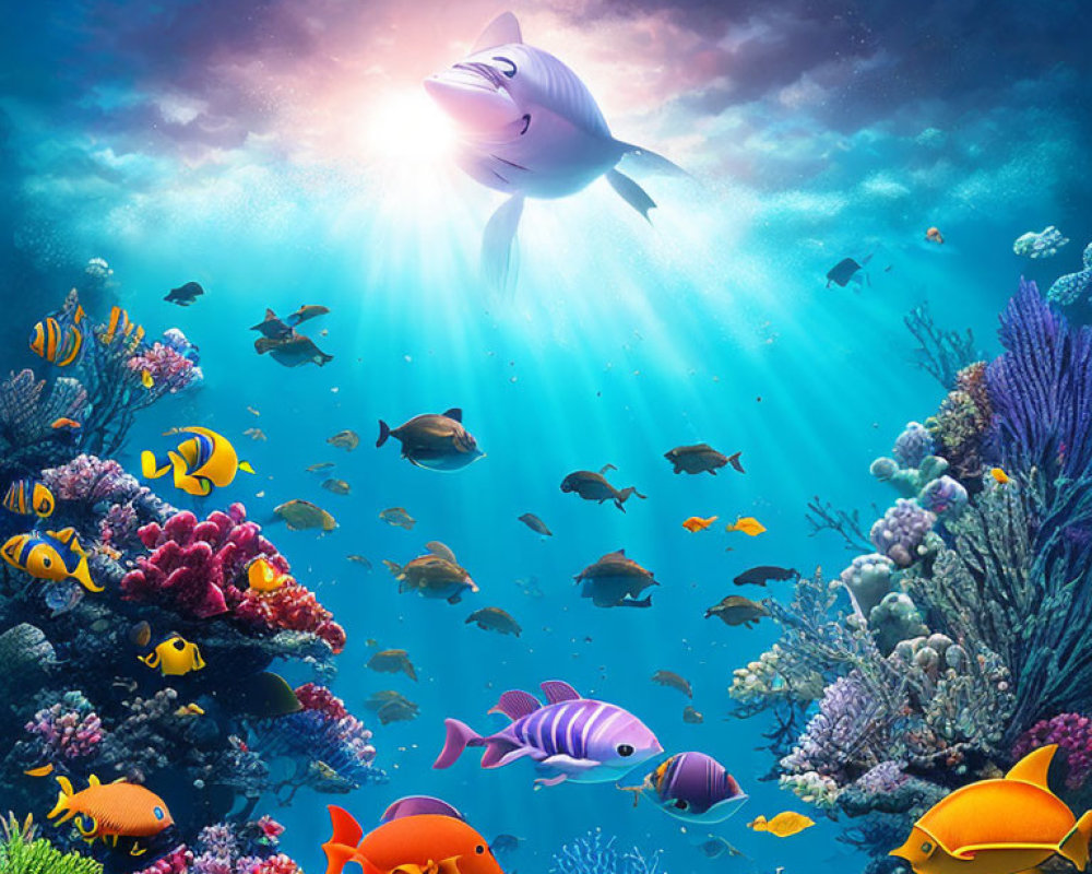 Colorful Fish and Coral in Sunlit Underwater Scene