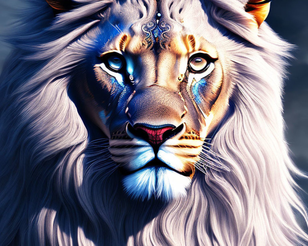 Vibrant digital artwork of majestic lion with mystical design and blue eyes