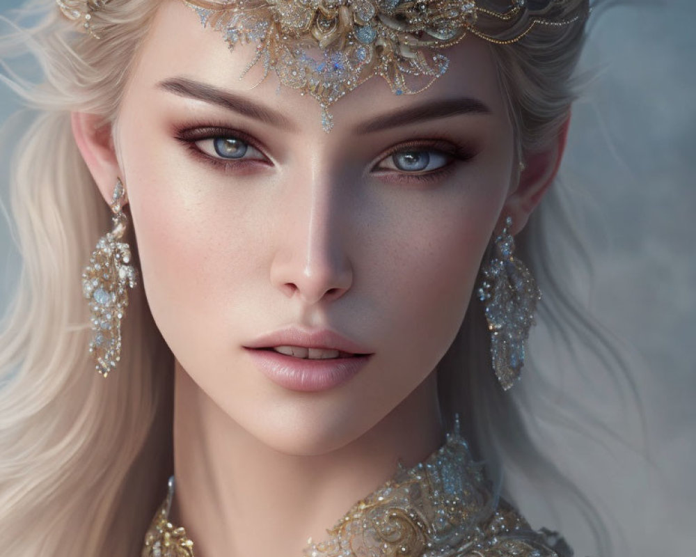 Portrait of Woman with Pale Skin, Blue Eyes, Blonde Hair, Golden Crown & Gemstone Earrings