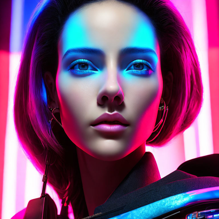 Digital artwork: Woman with blue eyes under neon lights