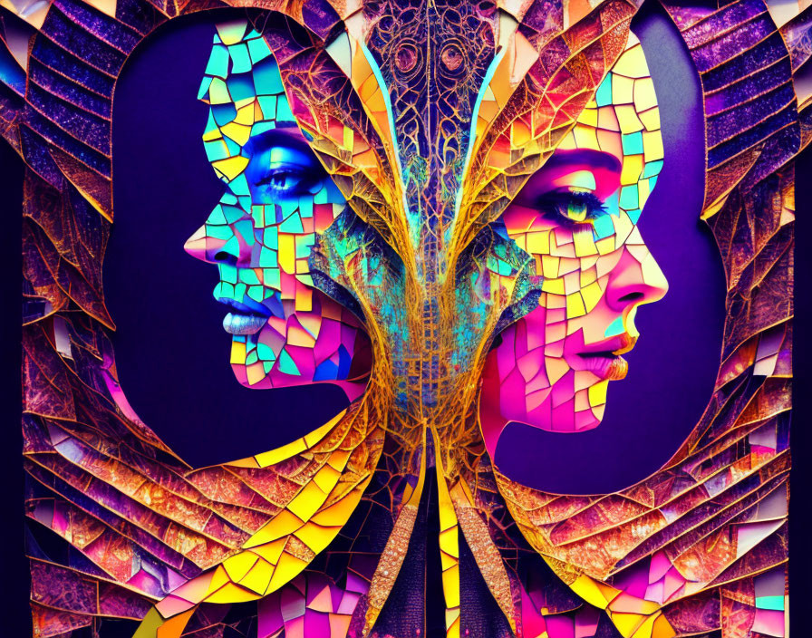 Colorful Digital Artwork: Mirrored Woman Profiles with Mosaic Textures