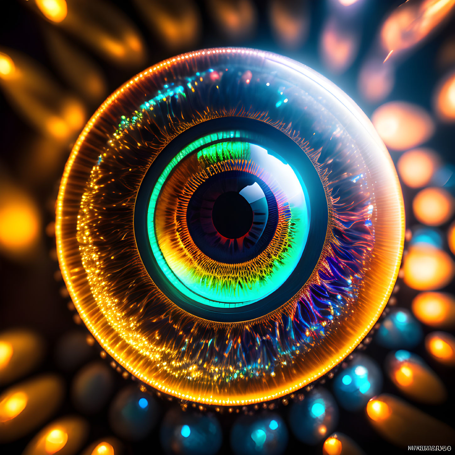 Detailed digital artwork: Human eye with intricate patterns on luminous background