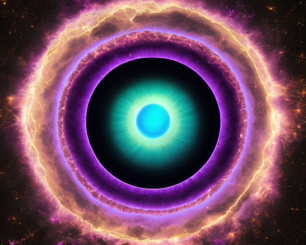 Vibrant cosmic image: Blue glowing core with purple and orange rings on star-filled black background