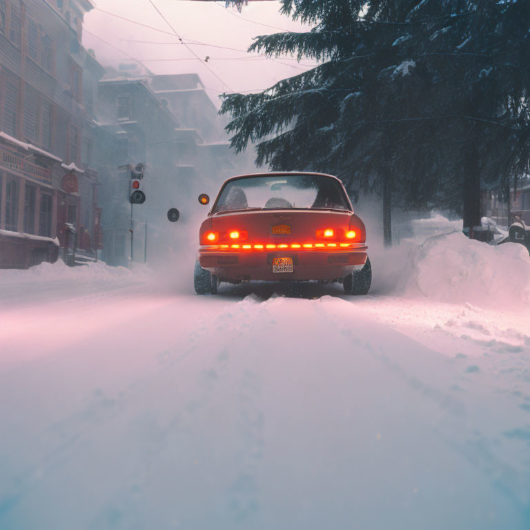 Vintage Car with Glowing Rear Lights on Snow-Covered Street at Twilight