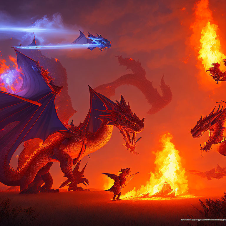 Knight battles dragons under twilight sky with futuristic ship.