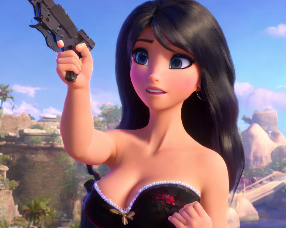 Long-haired female character with gun in black dress on island.