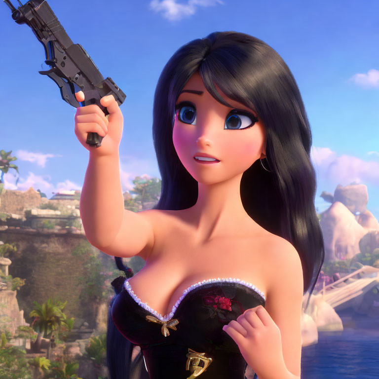 Long-haired female character with gun in black dress on island.