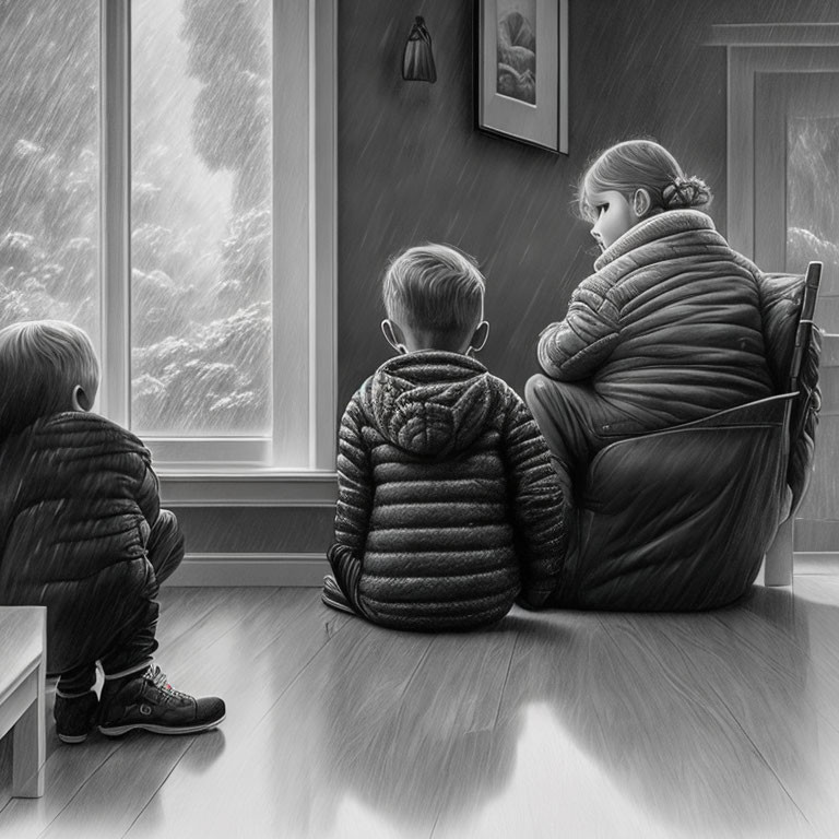 Children in warm jackets by large window on cloudy day.