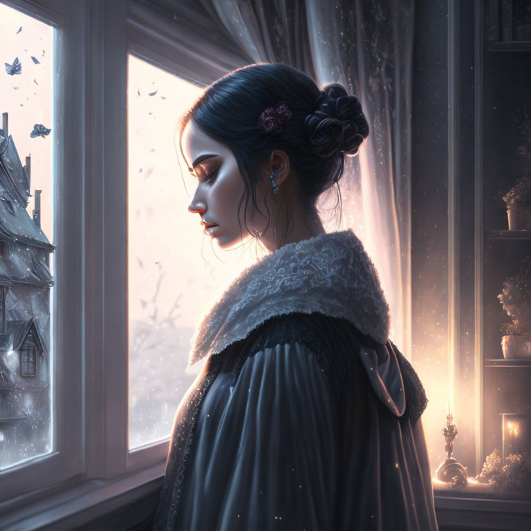Woman in dark dress gazes out frosty window at snowy scene with candlelight
