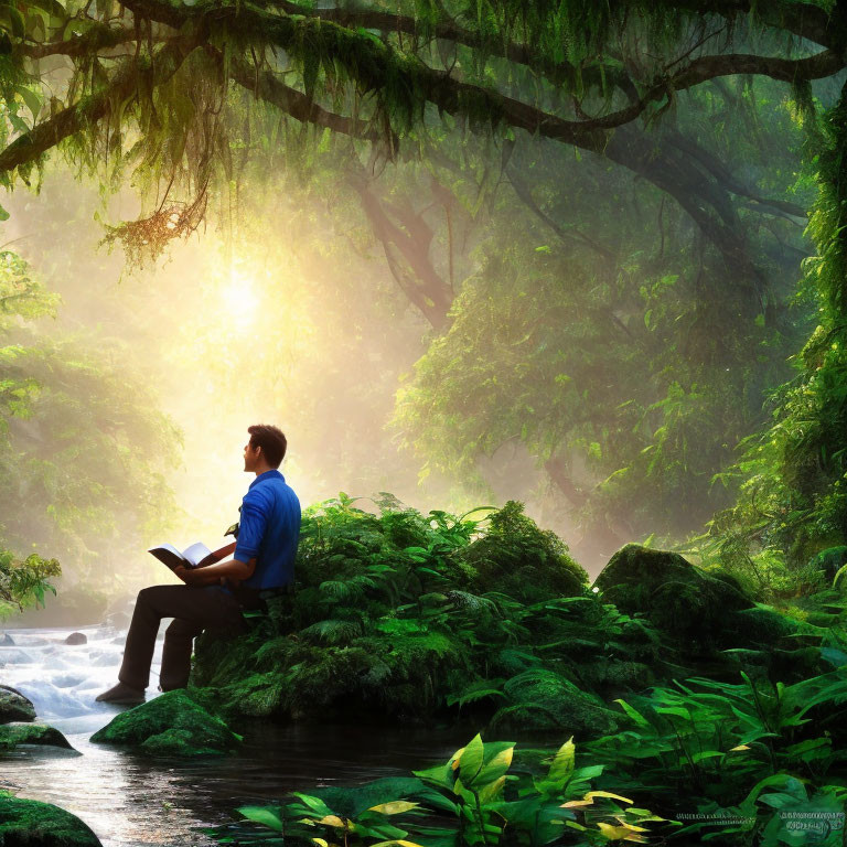 Person reading book by stream in lush green forest with sunlight filtering through canopy