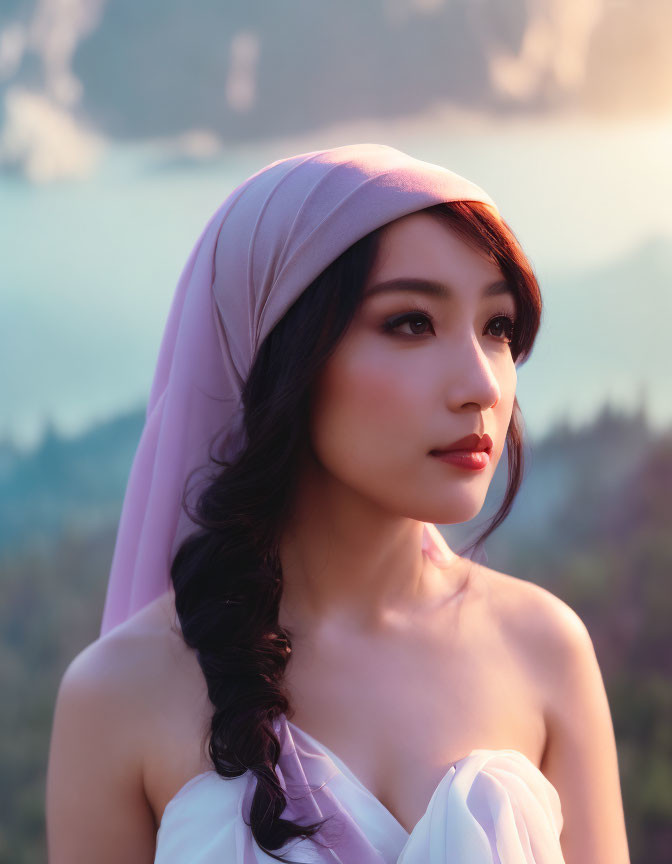 Woman in pink headscarf and dress gazing in nature with warm lighting